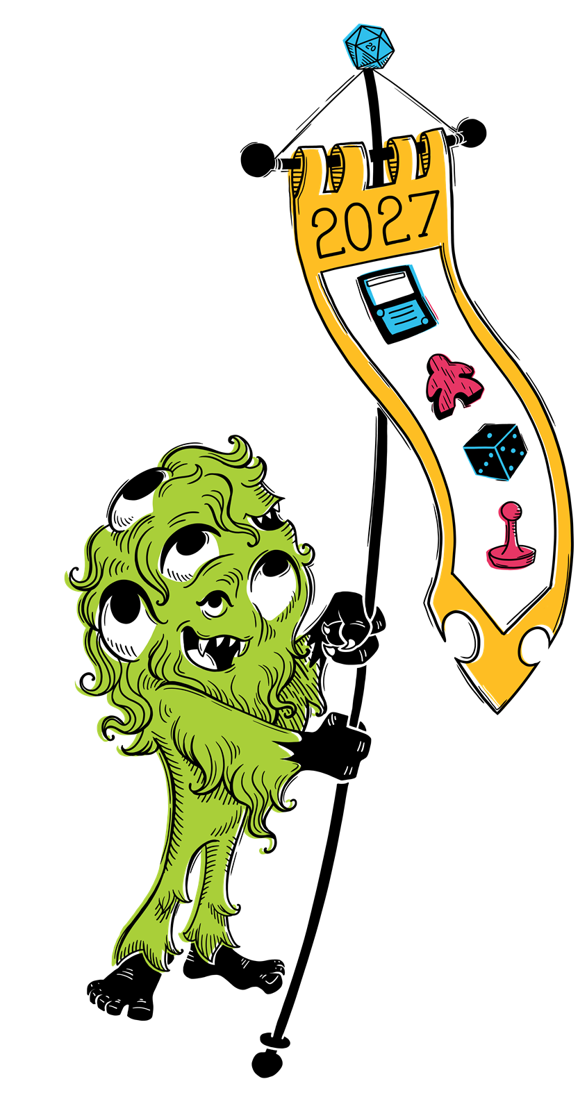 A happy green creature holds a banner with game icons